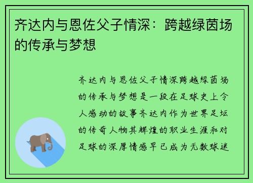 齐达内与恩佐父子情深：跨越绿茵场的传承与梦想