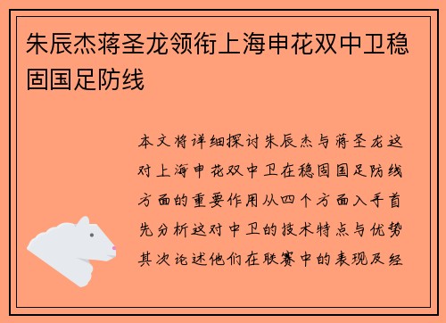 朱辰杰蒋圣龙领衔上海申花双中卫稳固国足防线